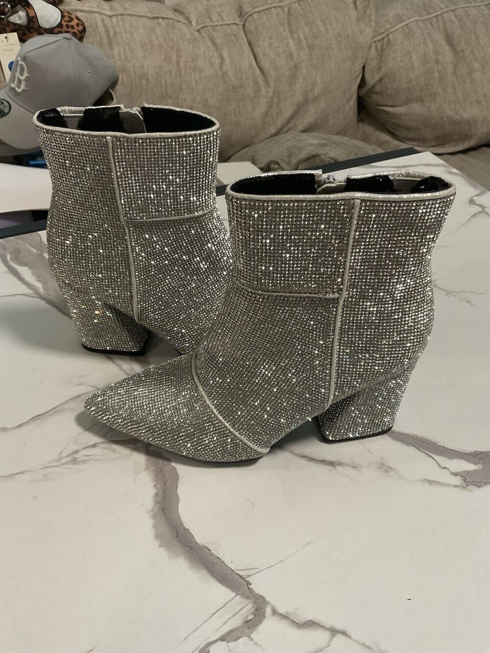 A New Day Cailin Silver Rhinestone Pointed Toe Ankle Bootie Zip, US 6